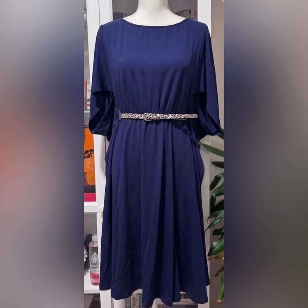 Navy Blue Women's Midi Dress- Leopard Print Belt not included